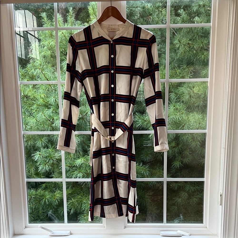 Tory Burch Cream and Black Plaid Long Sleeve Dress